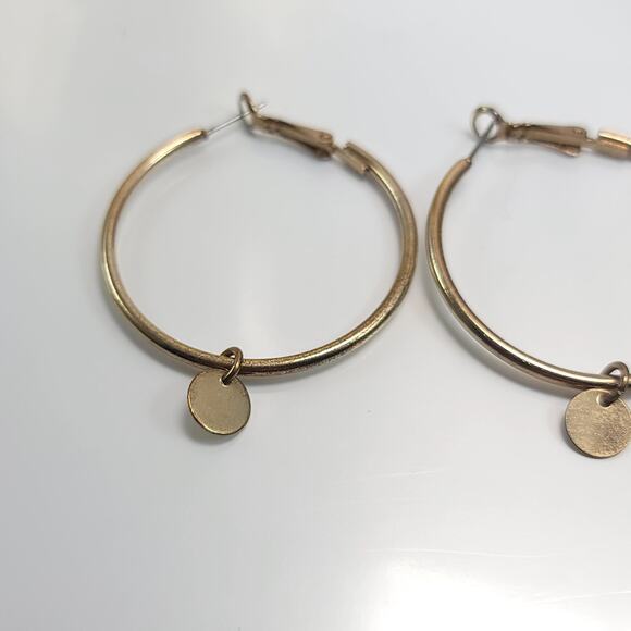Gold Hoop Earrings with Disc Charm, Minimalist Modern Everyday Jewelry for Women - Picture 7 of 10